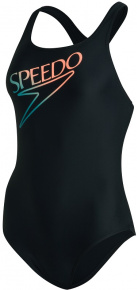 Damen-Badeanzug Speedo Retro Logo Medalist Black/Enamel Blue/Neon Fire