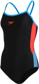 Damen-Badeanzug Speedo Dive Thinstrap Muscleback 1 Piece Black/Volcanic Orange/Hypersonic Blue
