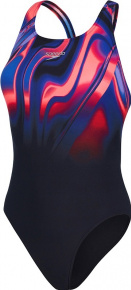 Damen-Badeanzug Speedo Placement Digital Powerback Black/Phoenix Red/Blue Flame/Ultraviolet