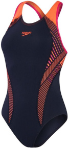 Damen-Badeanzug Speedo Placement Laneback True Navy/Electric Pink/Volcanic Orange