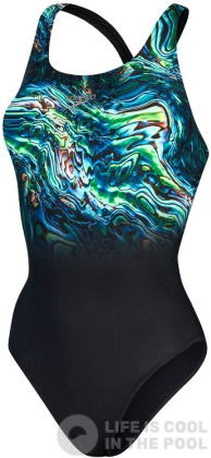 Damen-Badeanzug Speedo Placement Digital Powerback Black/Green Glow/Marine Blue