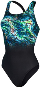 Damen-Badeanzug Speedo Placement Digital Powerback Black/Green Glow/Marine Blue